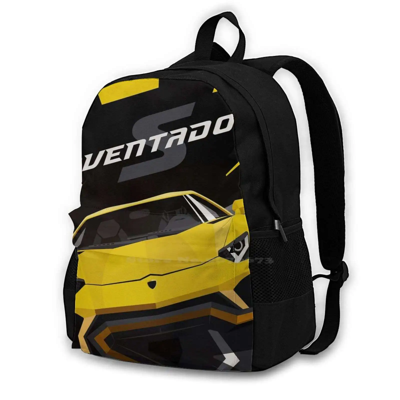 Ryggsäck med sportbil i gult på svart Cartable Voiture Lamborghini Aventador