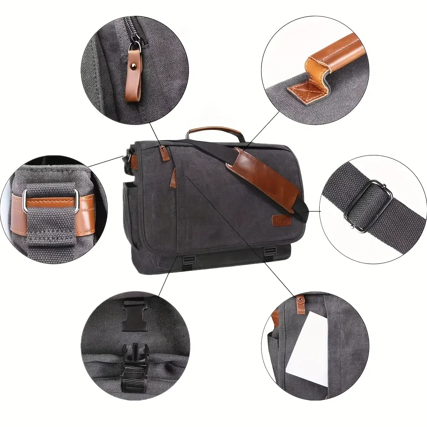 Grå axelväska med bruna läderdetaljer Cartable à Bandoulière en Canvas Waterproof