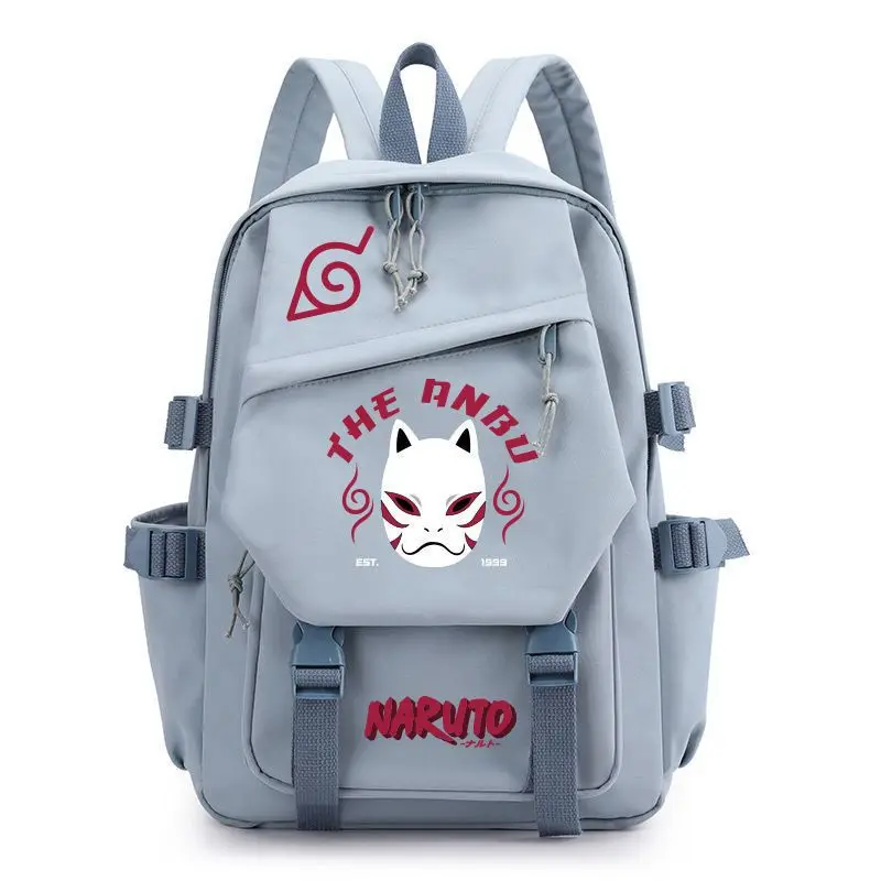 Grå ryggsäck Naruto med Konoha-symbol. Cartable Naruto d’Études