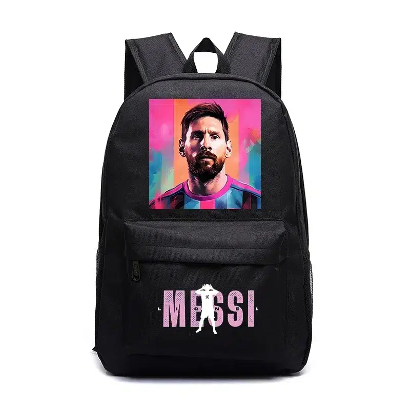 Svart ryggsäck med Messi-design fotbollstema. Cartable de Cours Messi
