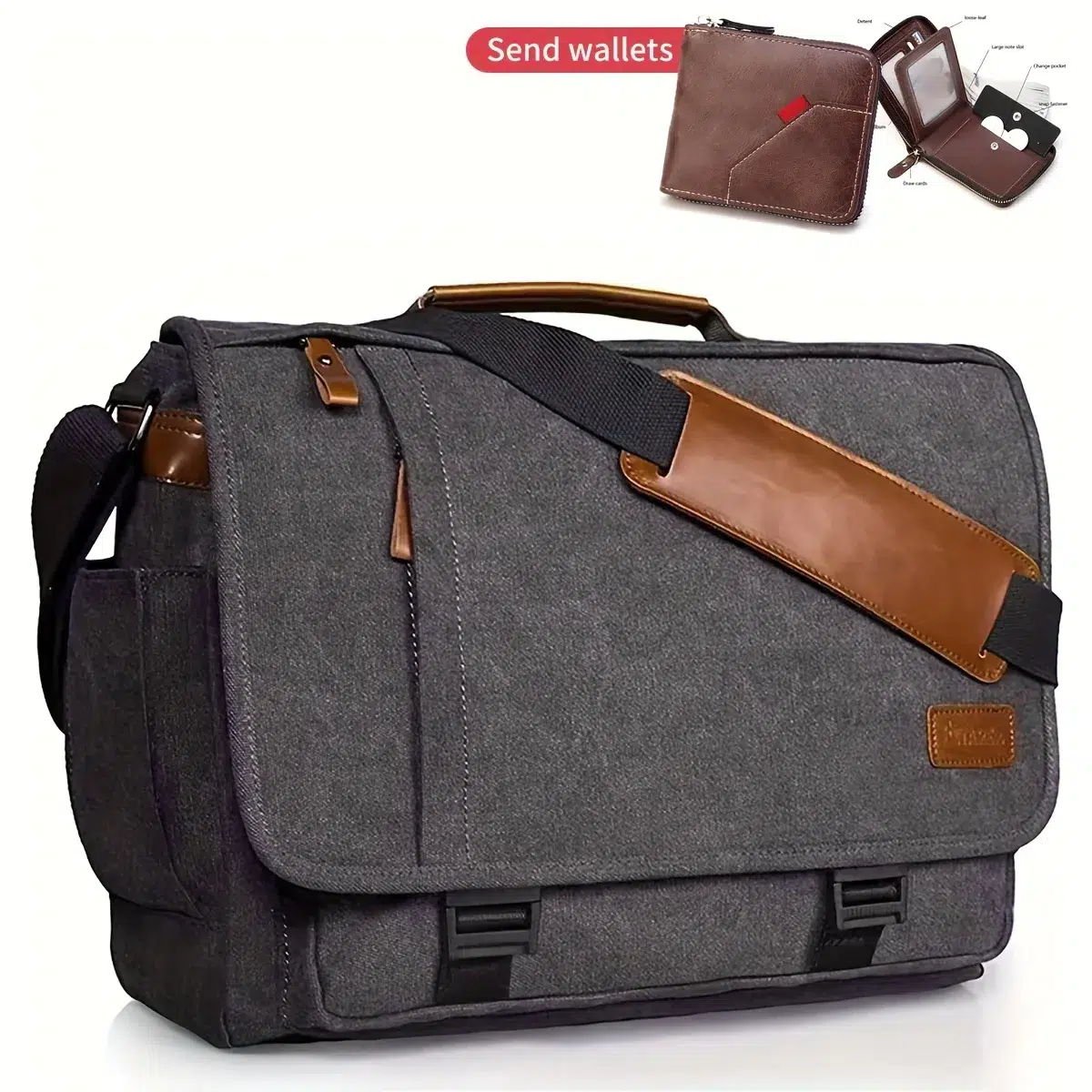 Grå axelväska med bruna läderdetaljer Cartable à Bandoulière en Canvas Waterproof