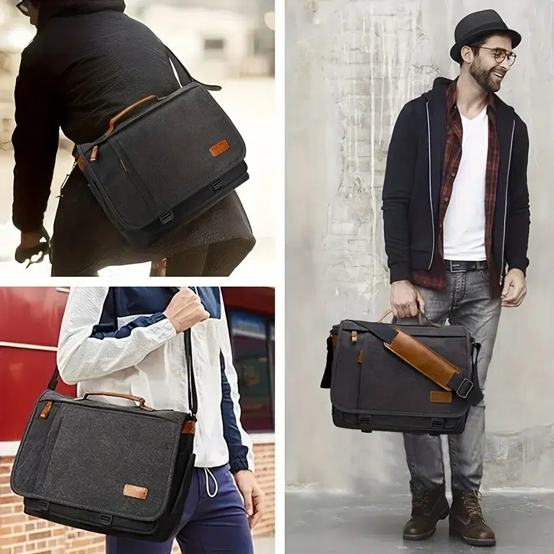 Grå axelväska med bruna läderdetaljer Cartable à Bandoulière en Canvas Waterproof