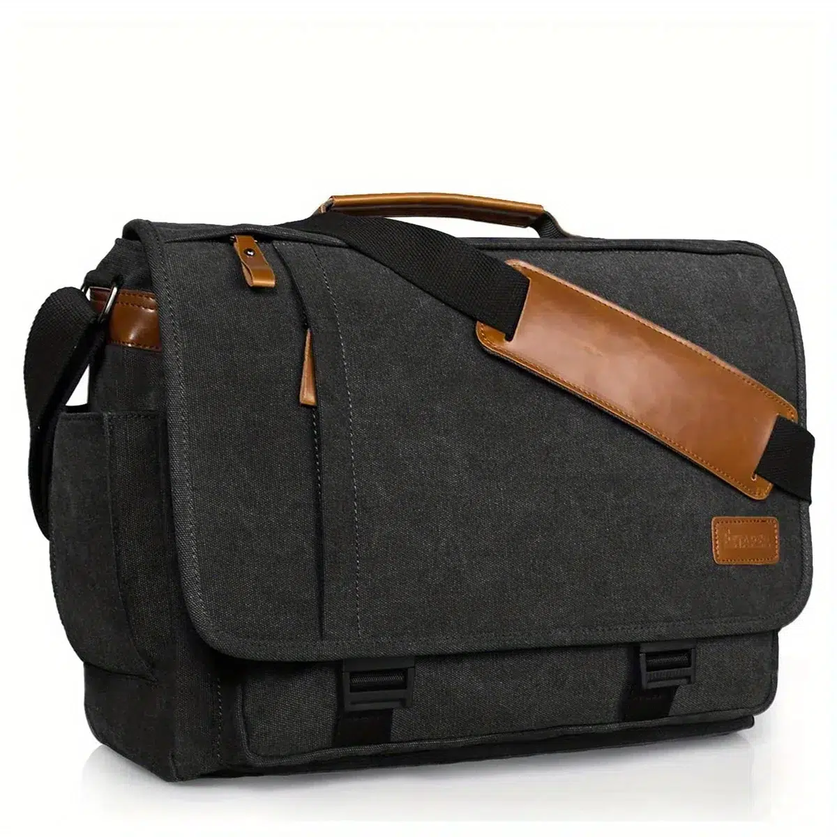 Grå axelväska med bruna läderdetaljer Cartable à Bandoulière en Canvas Waterproof