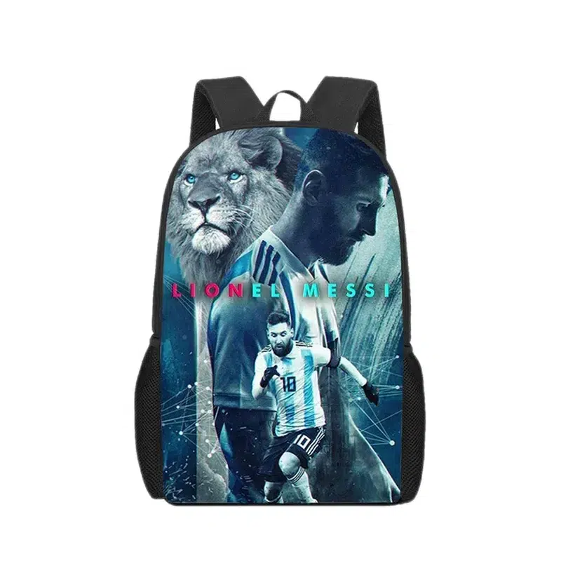 Fotbollsryggsäck med lejonmotiv i blått. Sac à dos Messi Scolaire